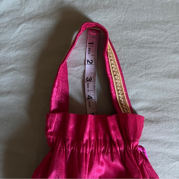 Rani Pink Green Gold Brocade Potli Bag Drawstring Wristlet Wedding ornate haldi - Picture 9 of 10